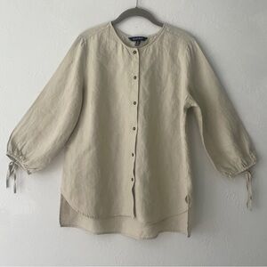 Ellen Tracy 100% Linen Button Down Peasant Blouse Cottagecore Balloon Sleeve